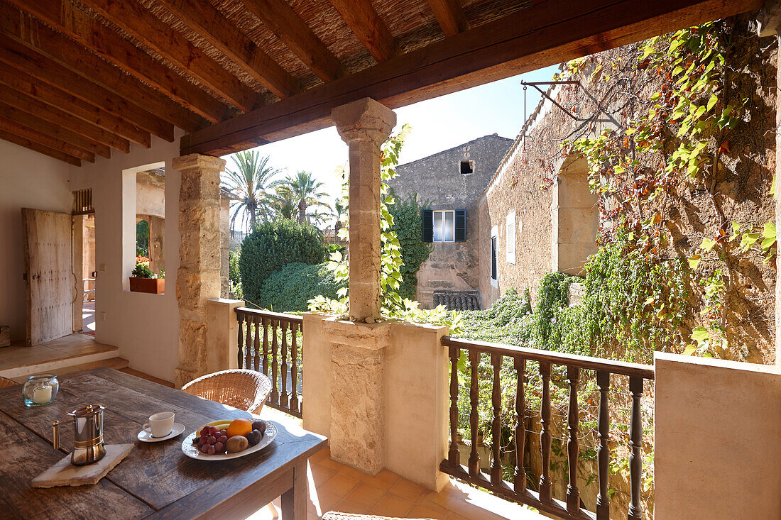 Roofed loggia of apartment Garnacha, Finca Raims, rebuilt vineyard and country hotel, Algaida, Mallorca, Balearic Islands, Spain