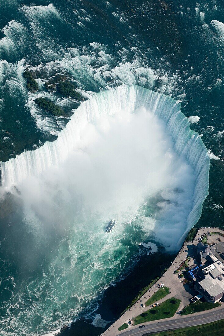 AERIAL OF HORSESHOE FALLS NIAGARA WATERFALLS ON BORDER OF ONTARIO CANADA NEW YORK STATE USA