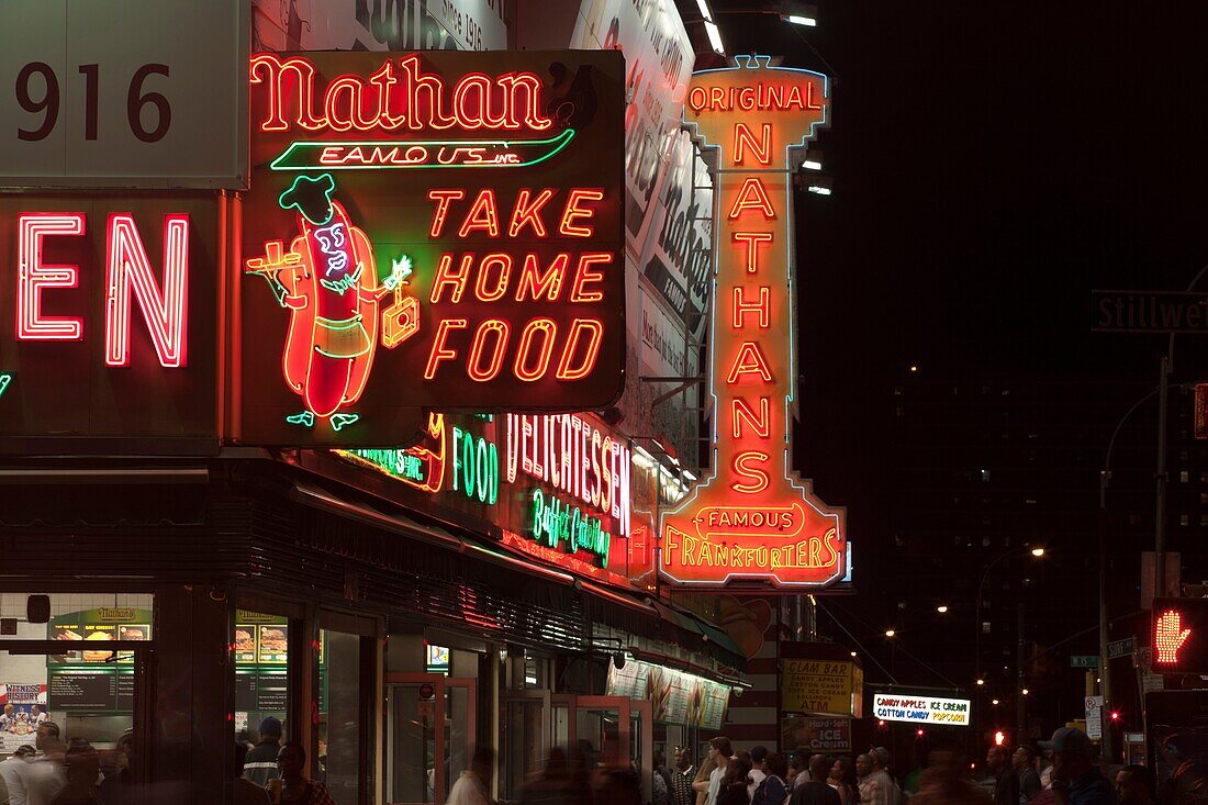 SIGN NATHANS FAMOUS HOT DOG STAND SURF AVENUE CONEY ISLAND BROOKLYN NEW YORK USA