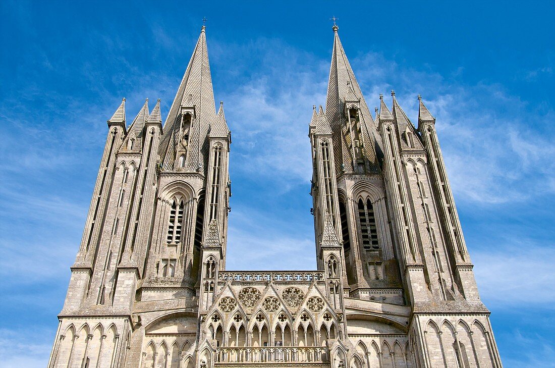 Notre Dame cathedral 14th c detail of towers,Coutances, Cotentin, Normandy, France