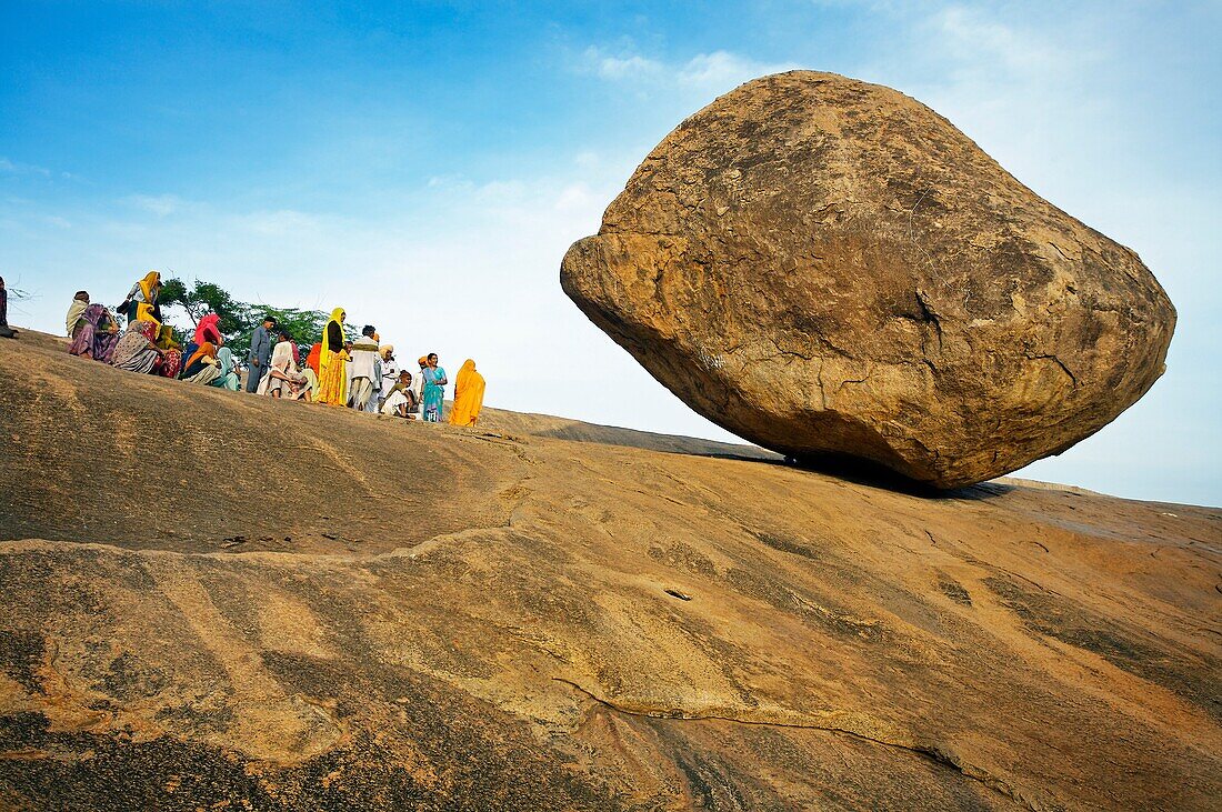 Krishna´s butter ball dangerously balanced boulder, Mahabalipuram Mamallapuram, Tamil Nadu , India.