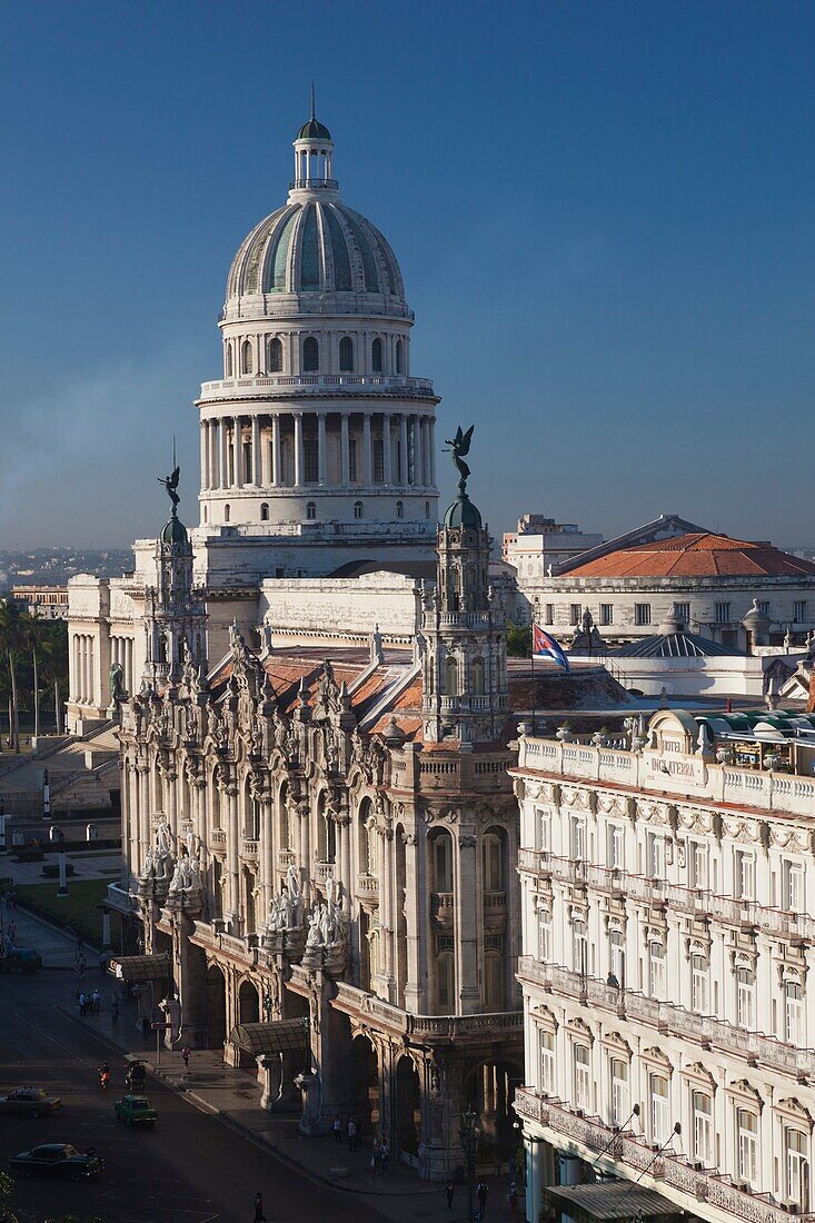 Cuba, Havana, elevated city view towards the Capitolio Nacional, morning with El Teatro de La Habana theater, morning