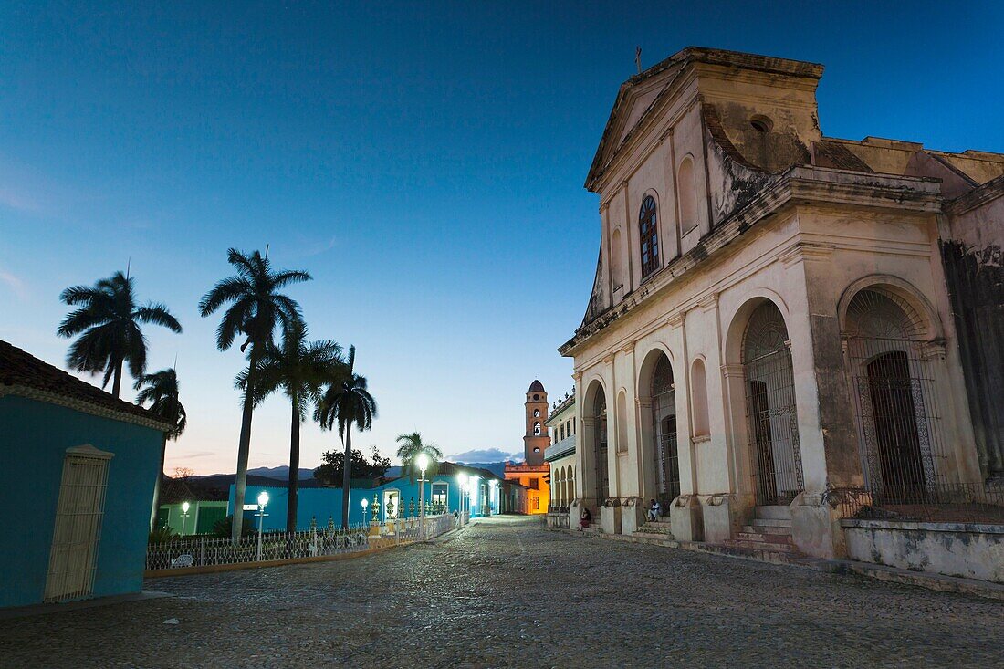 Cuba, Sancti Spiritus Province, Trinidad, Iglesia Parroquial de la Santisima Trinidad, Holy Trinity Church, dusk