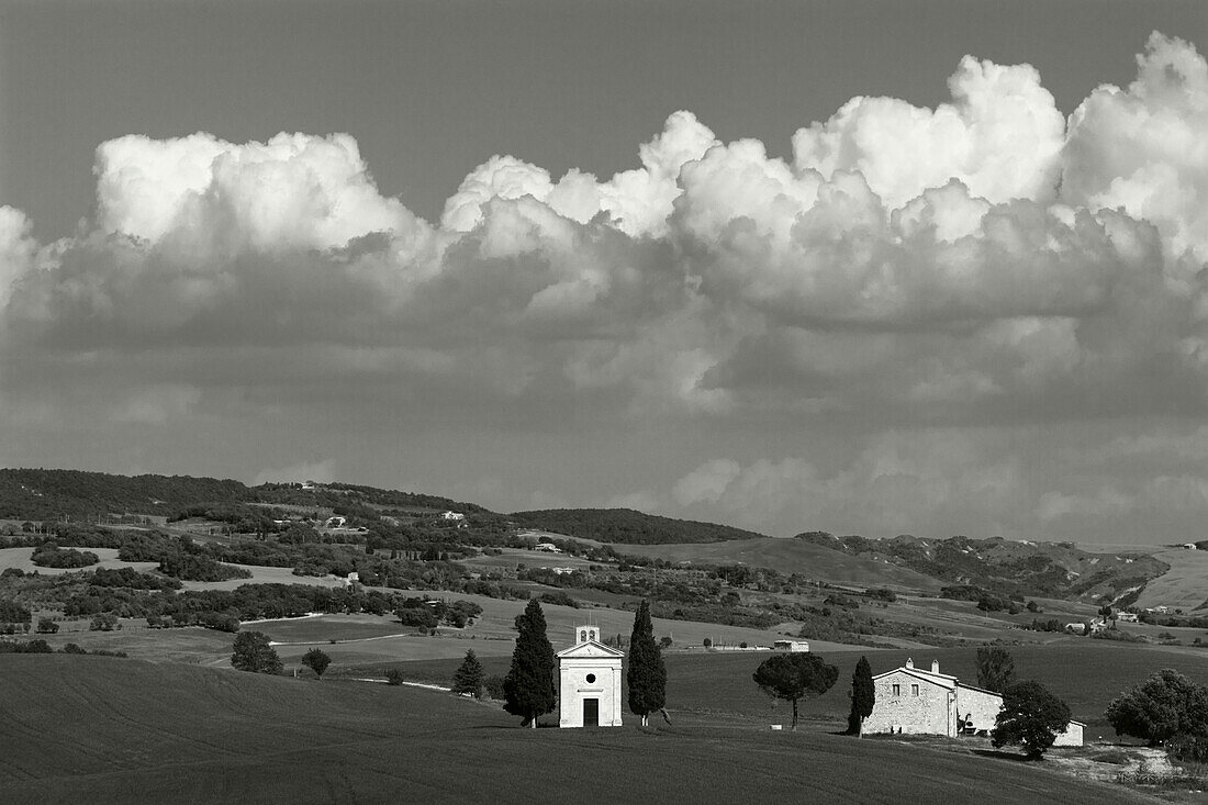 Vitaleta chapel, Cappella di Vitaleta, cypresses, near Pienza, Val dOrcia, Orcia valley, UNESCO World Heritage Site,  province of Siena, Tuscany, Italy, Europe