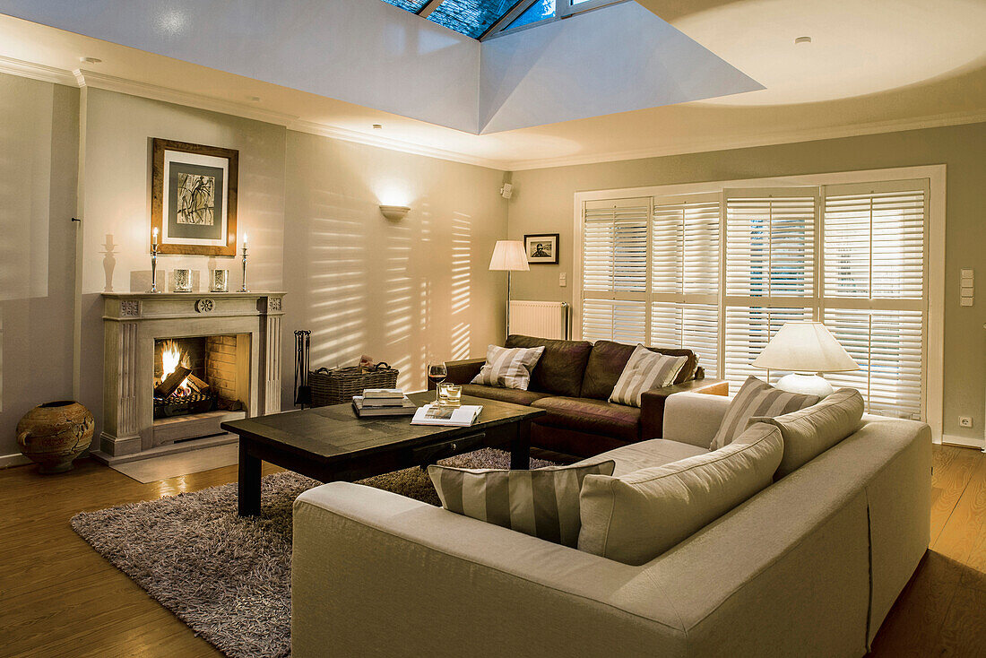 Living room with fireplace, Hamburg, Germany