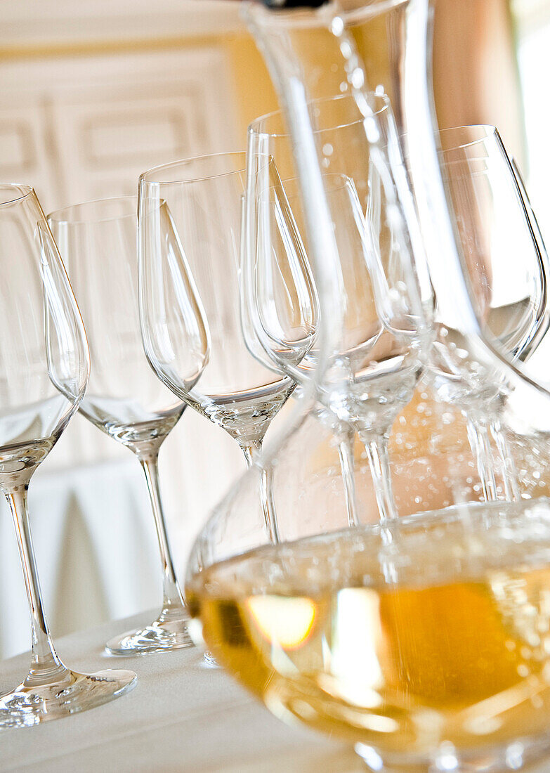 Empty white wine glasses and decanter, Hamburg, Northern Germany, Germany