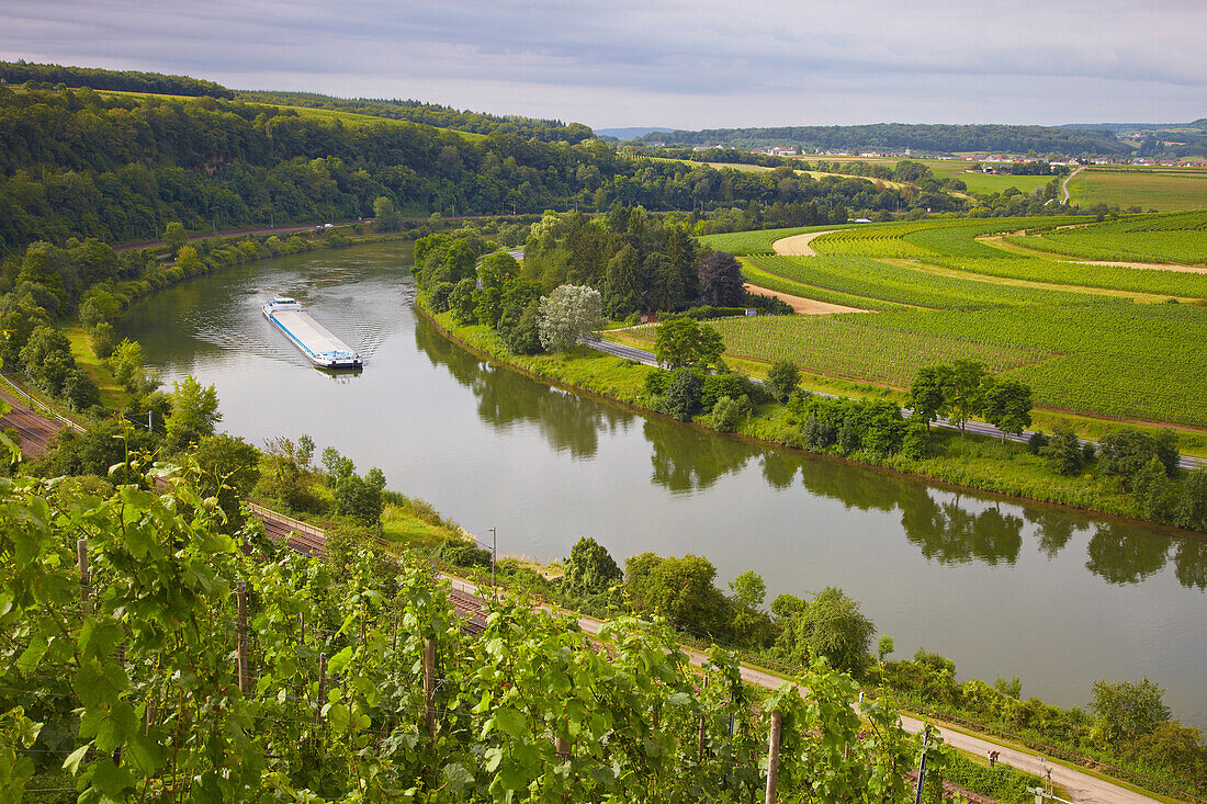 Frighter on the river Mosel between Germany and Luxembourg near Wehr, Germany, Luxembourg, Europe