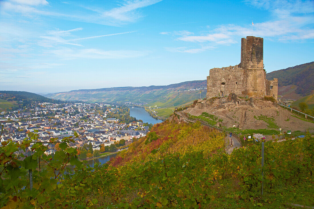 View from Landshut castle to the valley of the river Mosel and Bernkastel-Kues, Mosel, Rhineland-Palatinate, Germany, Europe