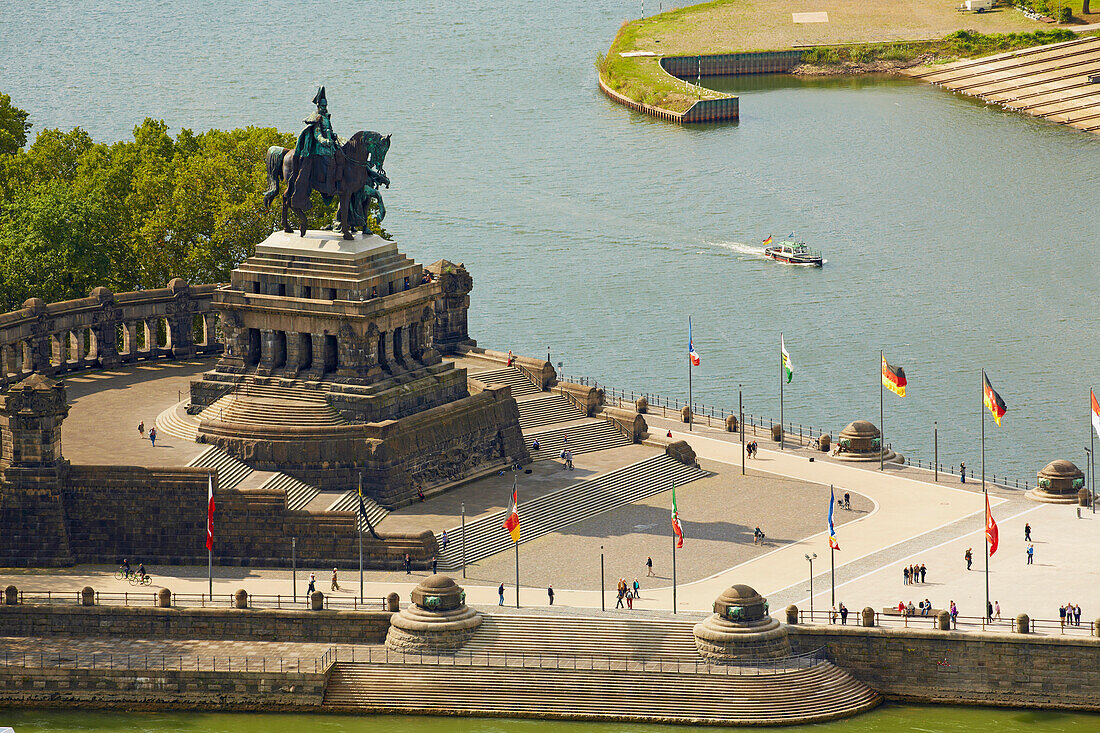 Deutsches Eck with equestrian statue of Wilhelm I., Koblenz, Confluence of Rhine and Mosel, Rhineland-Palatinate, Germany, Europe