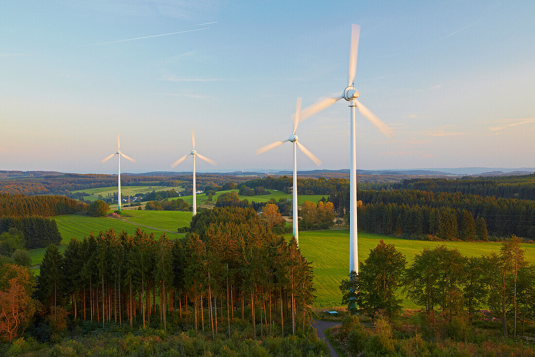 View from Graeberberg towards wind turbines at Alpenrod, Westerwald, Rhineland-Palatinate, Germany, Europe