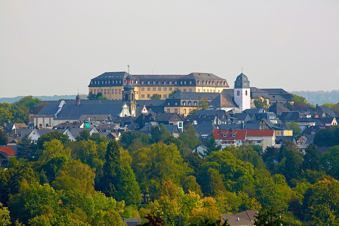 View of Hachenburg with Hachenburg castle, Saynsches Schloss, Maria Himmelfahrt church and Evangelische parish church, Westerwald, Rhineland-Palatinate, Germany, Europe