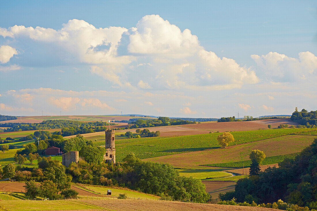 View from the Neuen Schloß in Diez to Aardeck castle ruins, Holzheim near Diez, Lahn, Westerwald, Rhineland-Palatinate, Germany, Europe