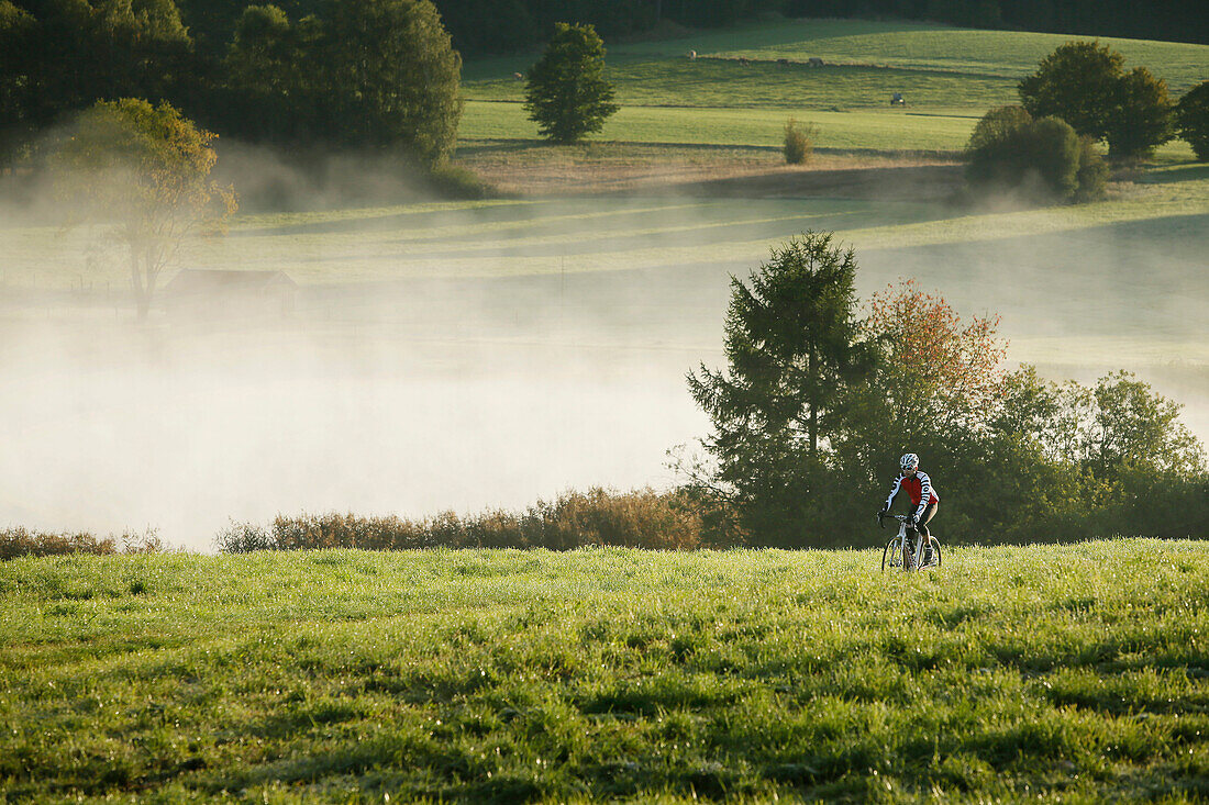 Man cyclocross touring in autumn, Degerndorf, Munsing, Bavaria, Germany