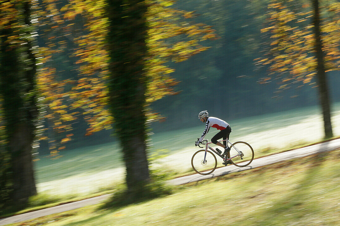 Man cyclocross touring in autumn, Degerndorf, Munsing, Bavaria, Germany