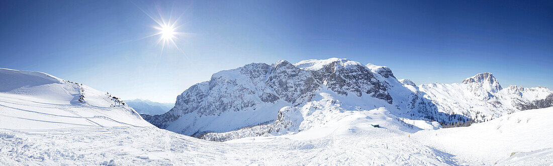 Panoramic view from Nassfeld to Trogkofel and Rosskofel, Carnic Alps, Hermagor, Carinthia, Austria