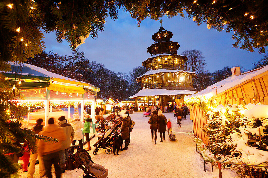 Christmas market at Chinese Tower, English Garden, Munich, Bavaria, Germany