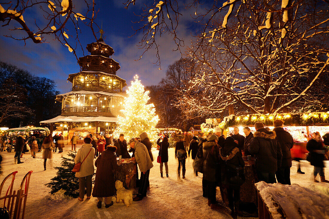 Christmas market at Chinese Tower, English Garden, Munich, Bavaria, Germany