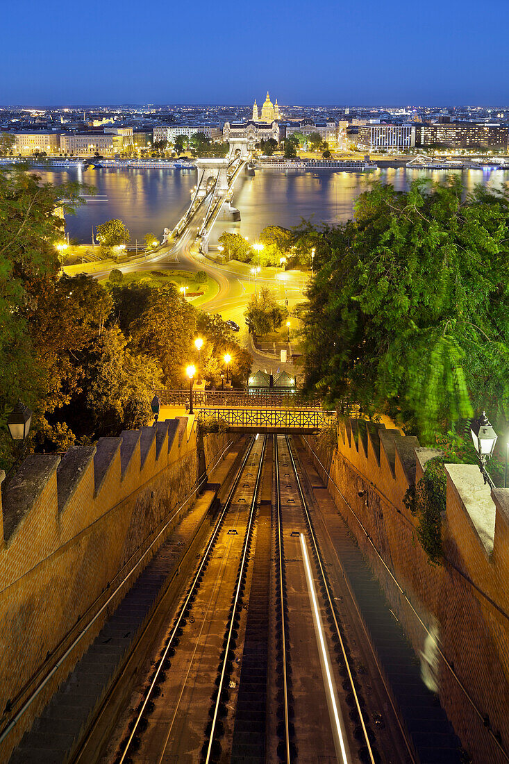 Funicular railwaz Silko, the Chain Bridge, Saint Stephan Basilica, Budapest, Hungary