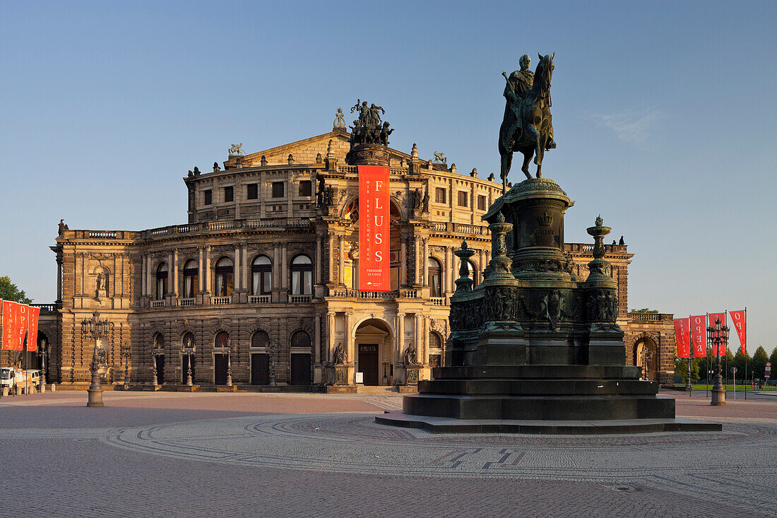 Equestrian monument of King Johann and Semperoper opera house on Theaterplatz square, Dresden, Saxony, Germany