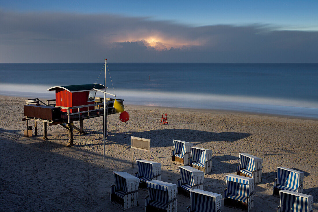 Beach chairs in the moonlight, Kampen, Sylt, Schleswig-Holstein, Germany