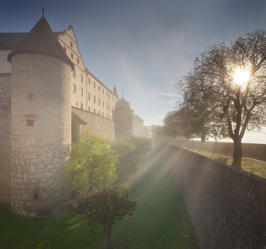 Marienberg fortress surounded by fog, Wuerzburg, Bavaria, Germany