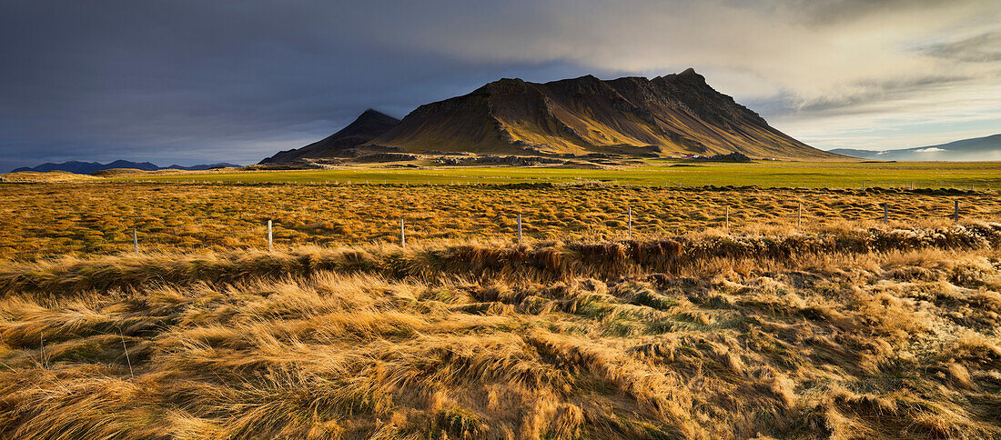 Fields and medows in front of Akrafjall, West Iceland, Iceland