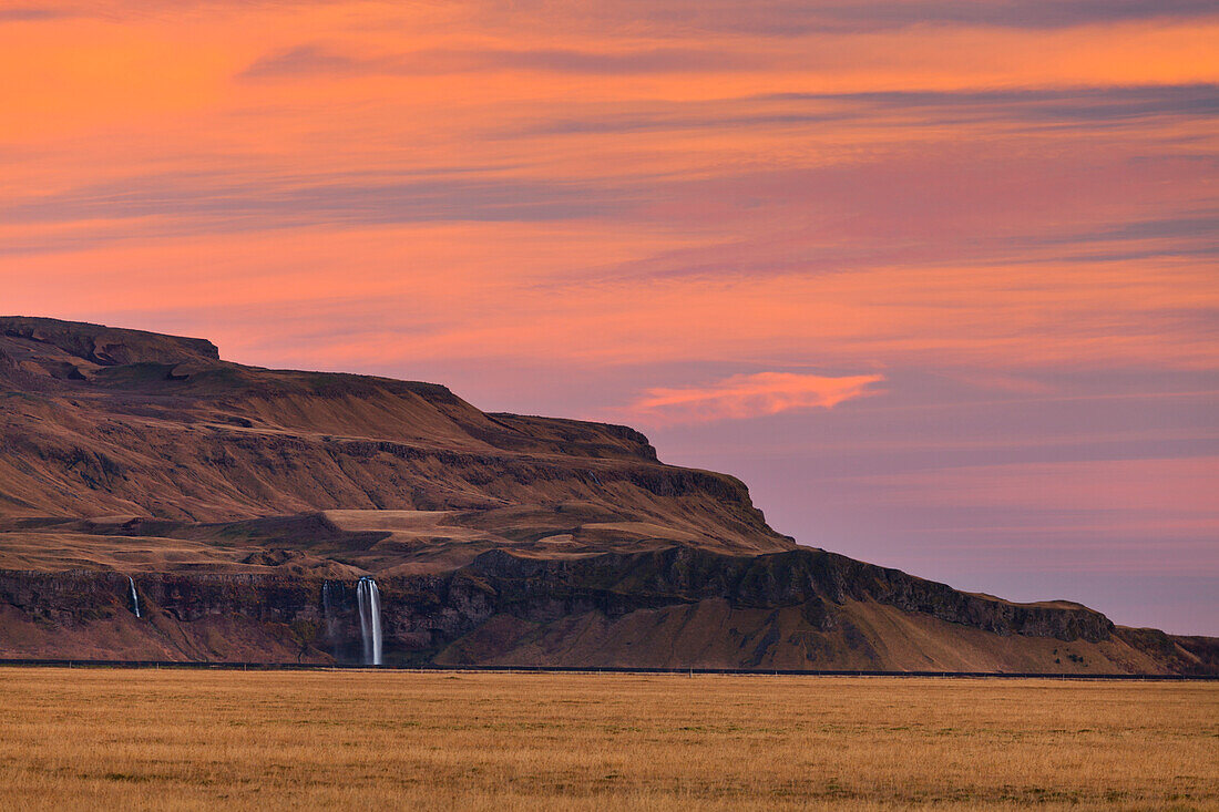 Evening view of the Seljalandsfoss waterfall, South Iceland, Iceland