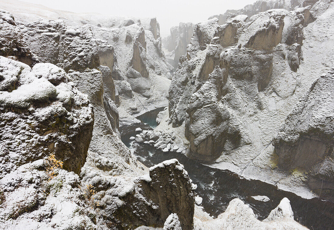 Fjadrargljufur canyon in Winter, Hunkubakkar, South Iceland, Iceland