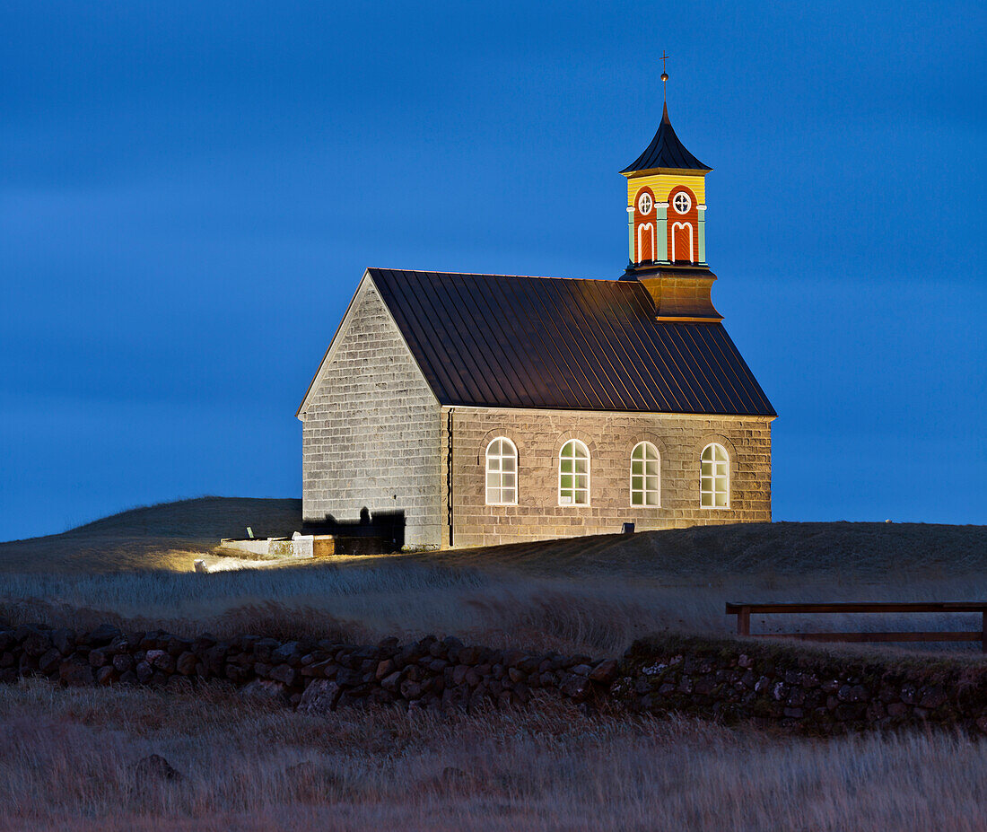Hvalneskirkja church at dusk, Reykjanes, Island