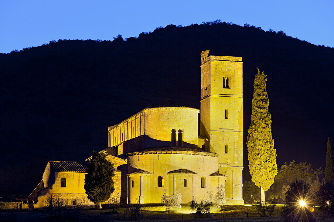 Sant Antimo Abbey lighten in the evening, Castelnuovo dellabate, Tuscany, Italy