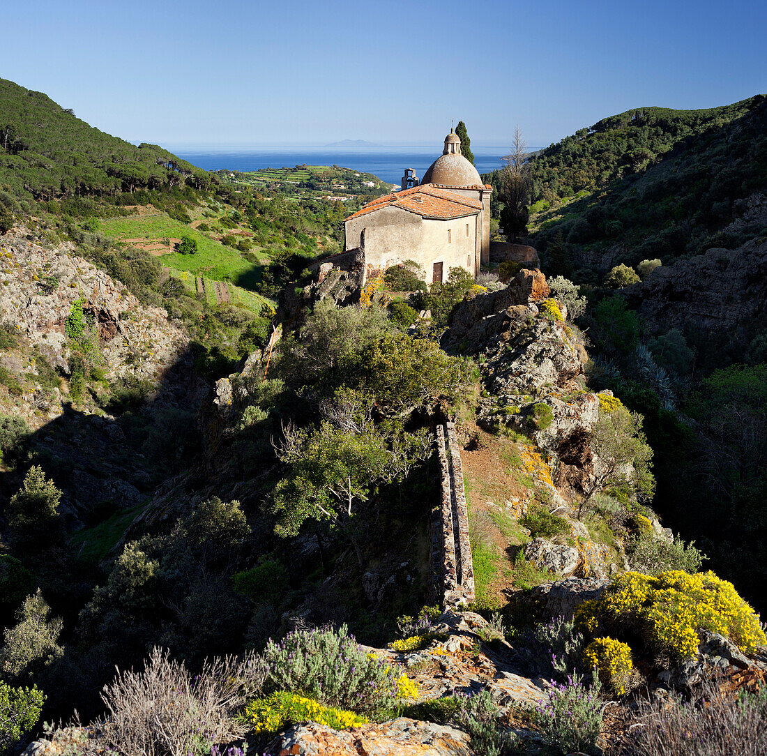 Santuario della Madonna di Monserrato with a view to a sea , Elba Island, Tuscany, Italy