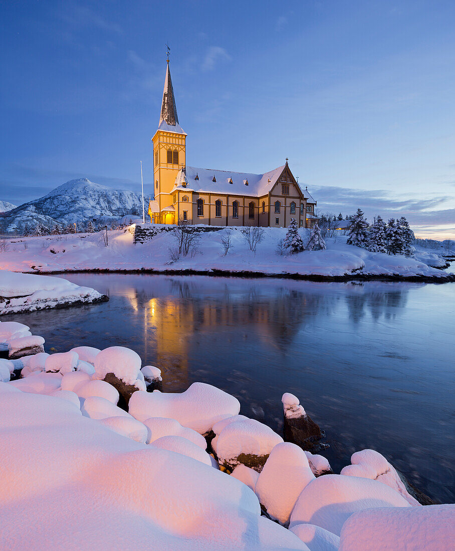 Church in Vagan in the evening light, Austvagoya, Lofoten, Nordland, Norway