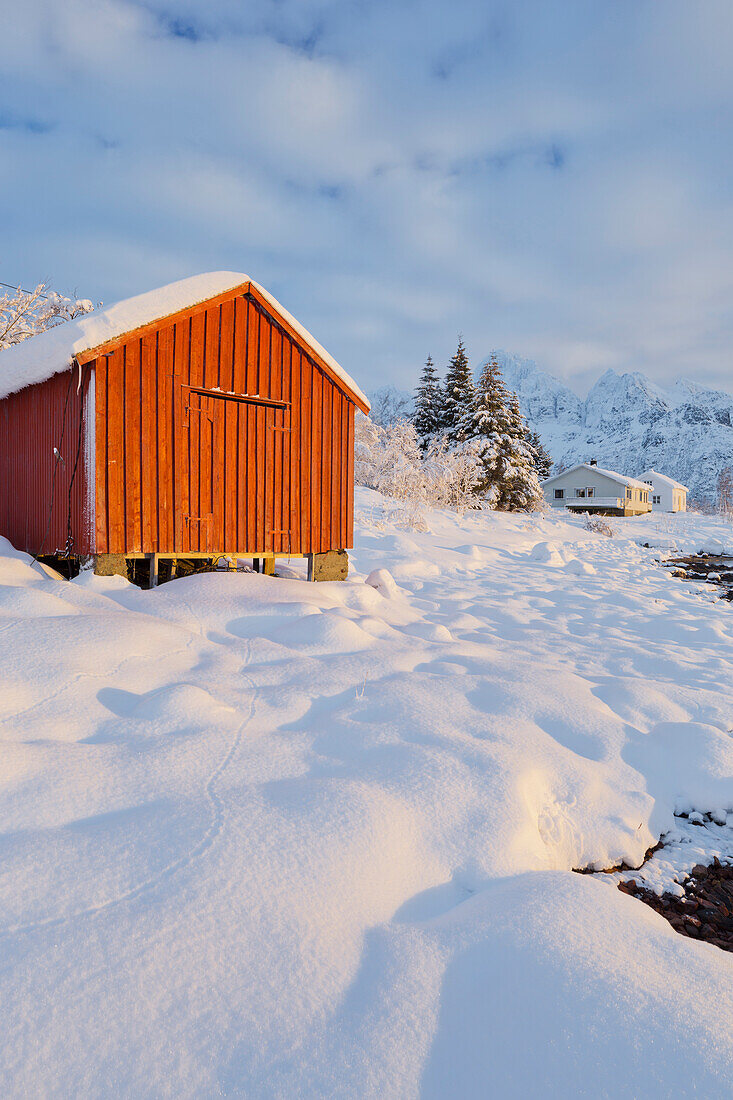 Boats house near Gammelgarden, Austnesfjorden, Austvagoya, Lofoten, Nordland, Norway