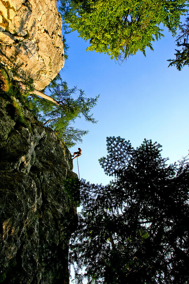 Climber on a rock, Salzkammergut, Styria, Austria