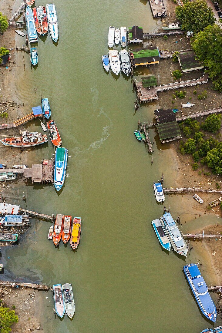 Aerial image of boats, nautical infrastructure, piers and buildings in Malaysia