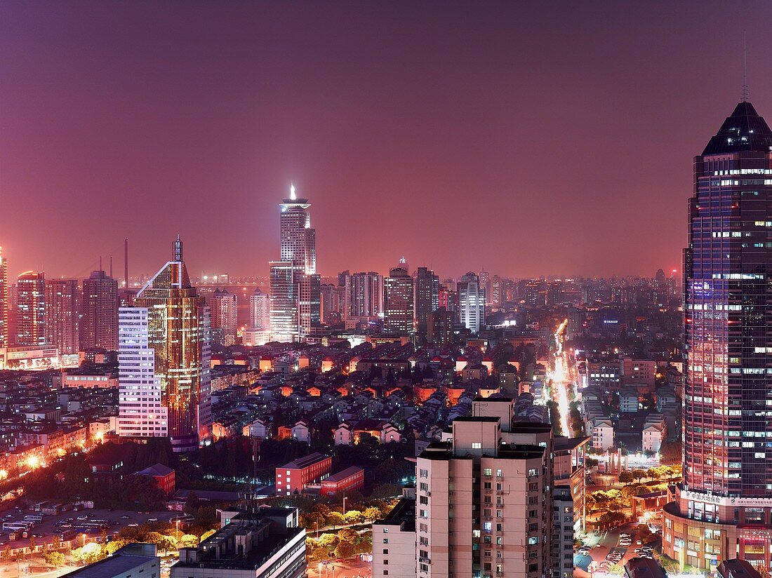 Night view of city landscape and residential complexes in Pudong, Shanghai, China