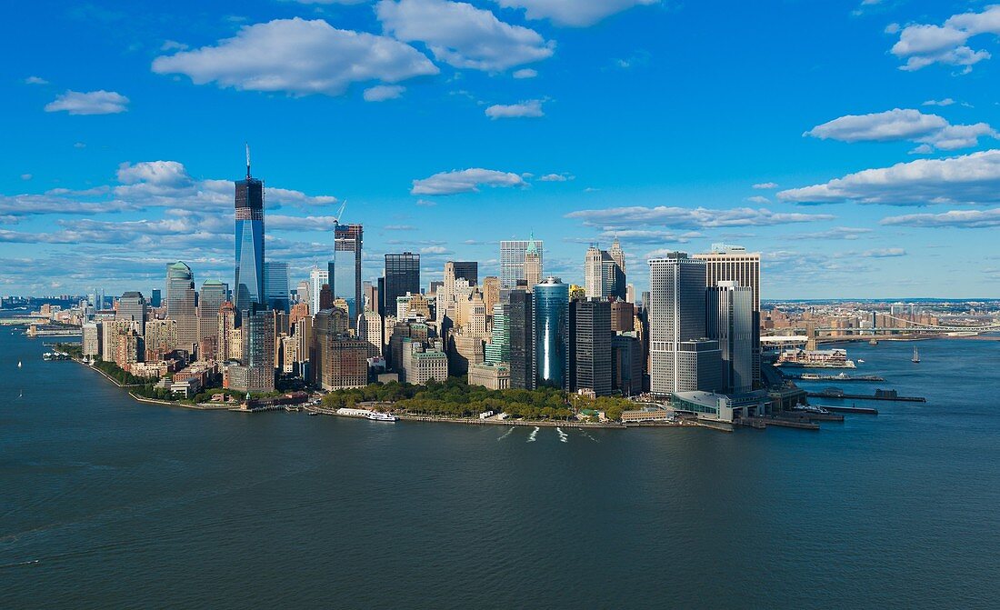 South part of Manhattan and Brooklyn bridge aerial panorama, New York