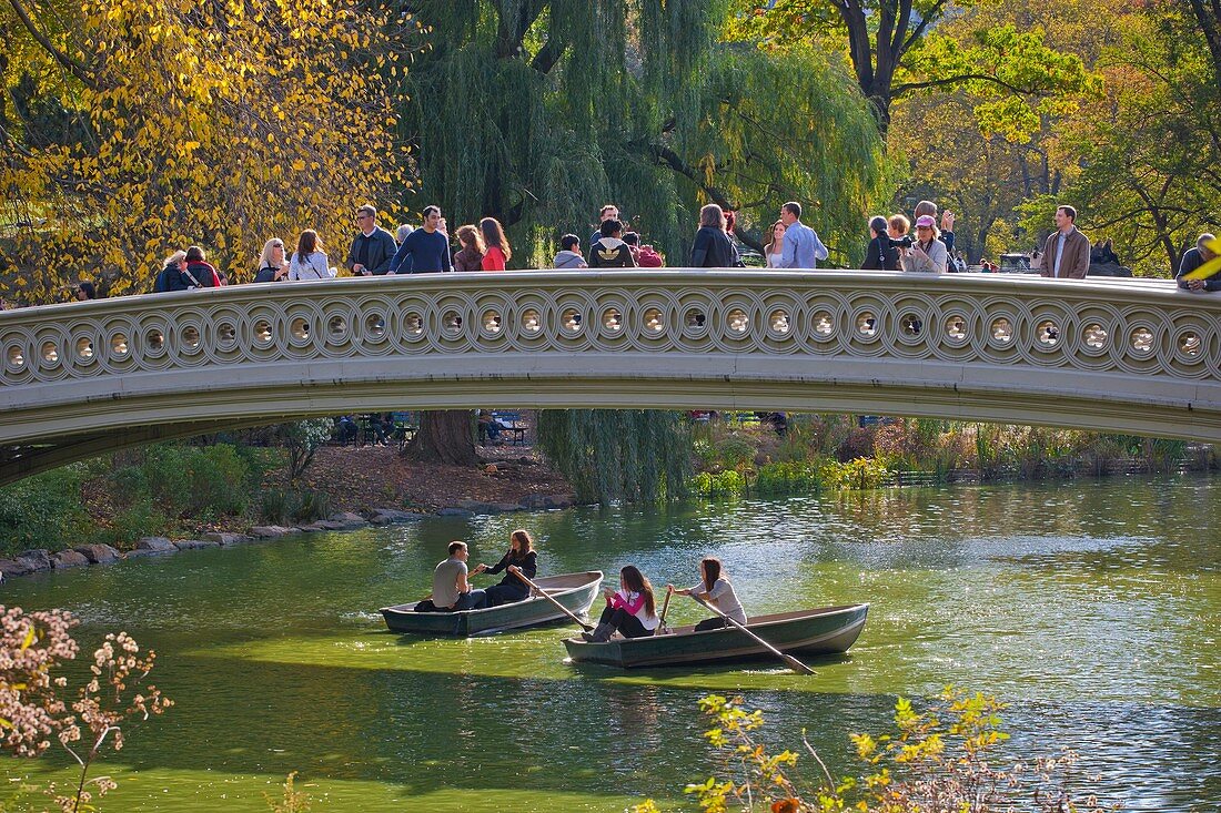 Visitors taking in the sights from the Bow Bridge in Central Park, New York, USA