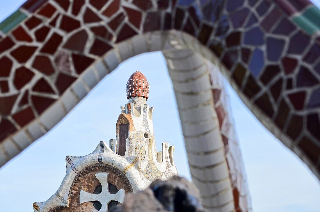 View of one of the pavilions of the entrance to Parc Guell Barcelona