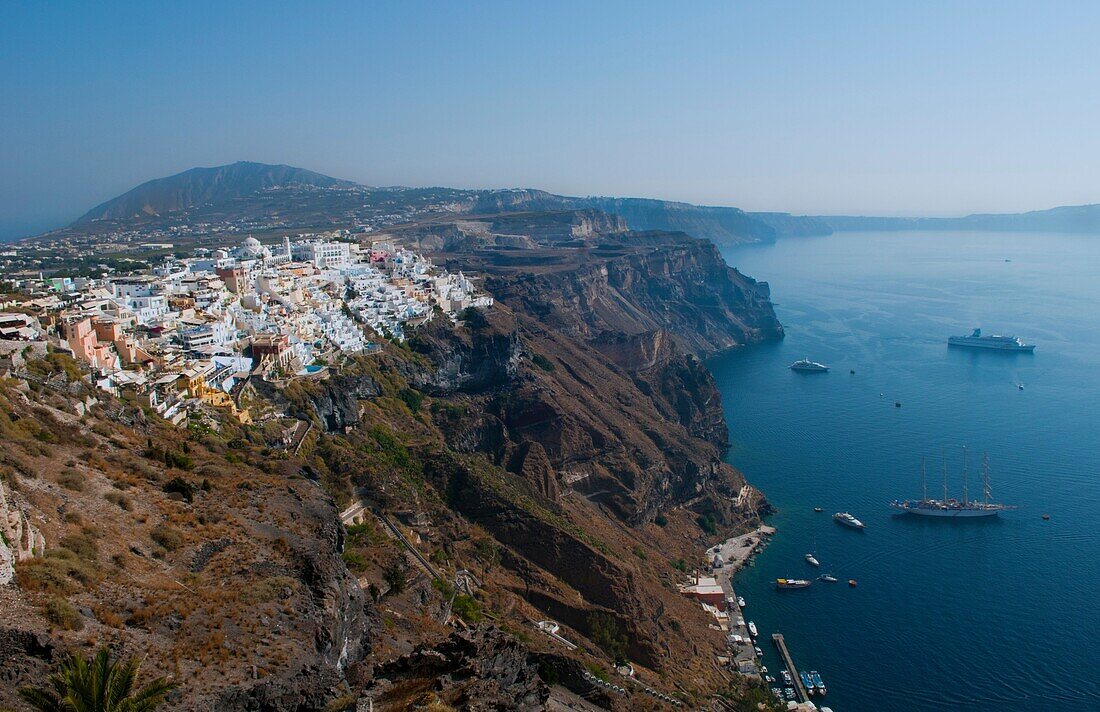 Peak of mountain overlooking Fira at beautiful Santorini Greece in Greek Islands