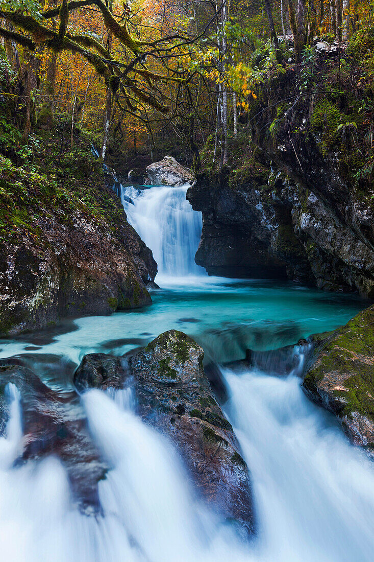 Waterfalls in deep Lepenatal, a small tributary of the Soca and the Triglav Nationalparkbst, Gorenjska, Slovenia