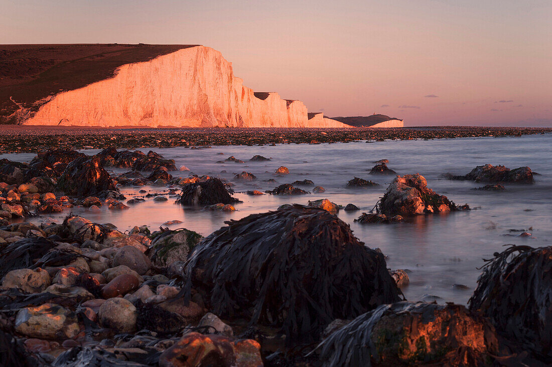 Blick auf die eindrucksvollen Kreideklippen der Seven Sisters im letzten Licht des Tages über der Bucht von Cuckmere in der südenglischen Grafschaft Sussex, England, Großbritannien