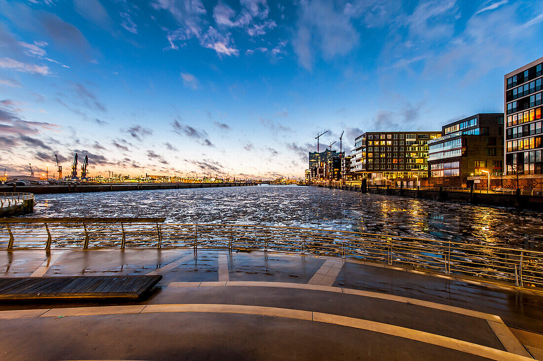 Twilight at Marco-Polo-terrace in Hafencity, Hamburg, Germany