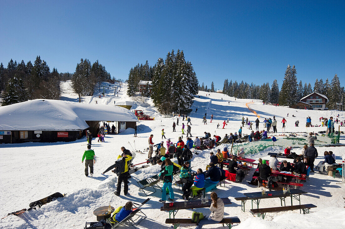 Ski area with restaurant, Feldberg, Black Forest, Baden-Wuerttemberg, Germany