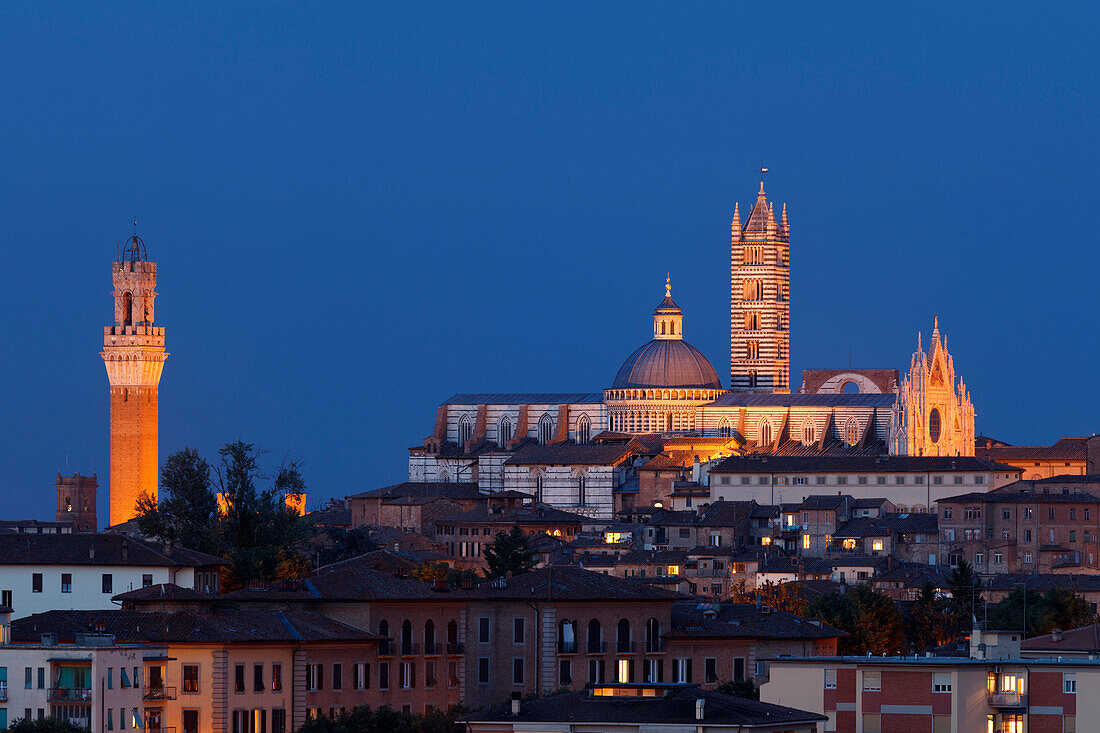 Cityscape with Torre del Mangia, bell tower of the town hall and Duomo Santa Maria cathedral at night, Siena, UNESCO World Heritage Site, Tuscany, Italy, Europe