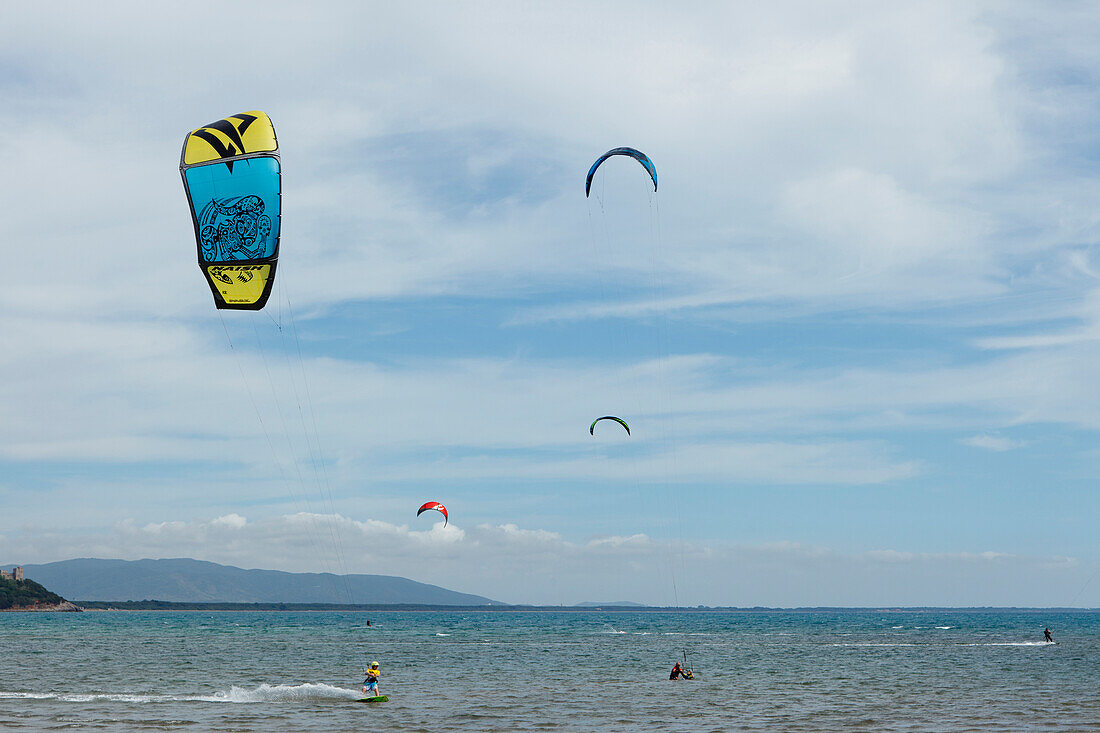 People kitesurfing, Golfo di Talamone, Mediterranean Sea, province of Grosseto, Tuscany, Italy, Europe