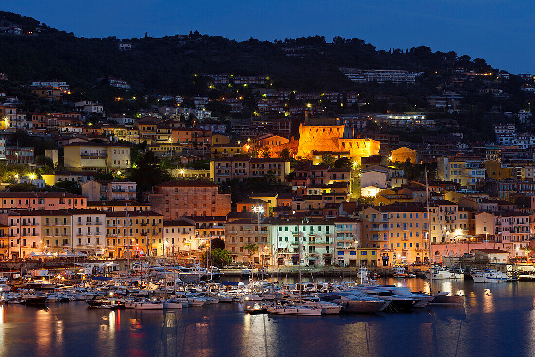 Port at night, Porto San Stefano, seaside town, Monte Argentario, Mediterranean Sea, province of Grosseto, Tuscany, Italy, Europe