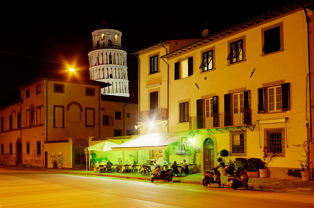 Restaurant at night with campanile in the background, bell tower, Torre pendente, leaning tower, Pisa, Tuscany, Italy, Europe