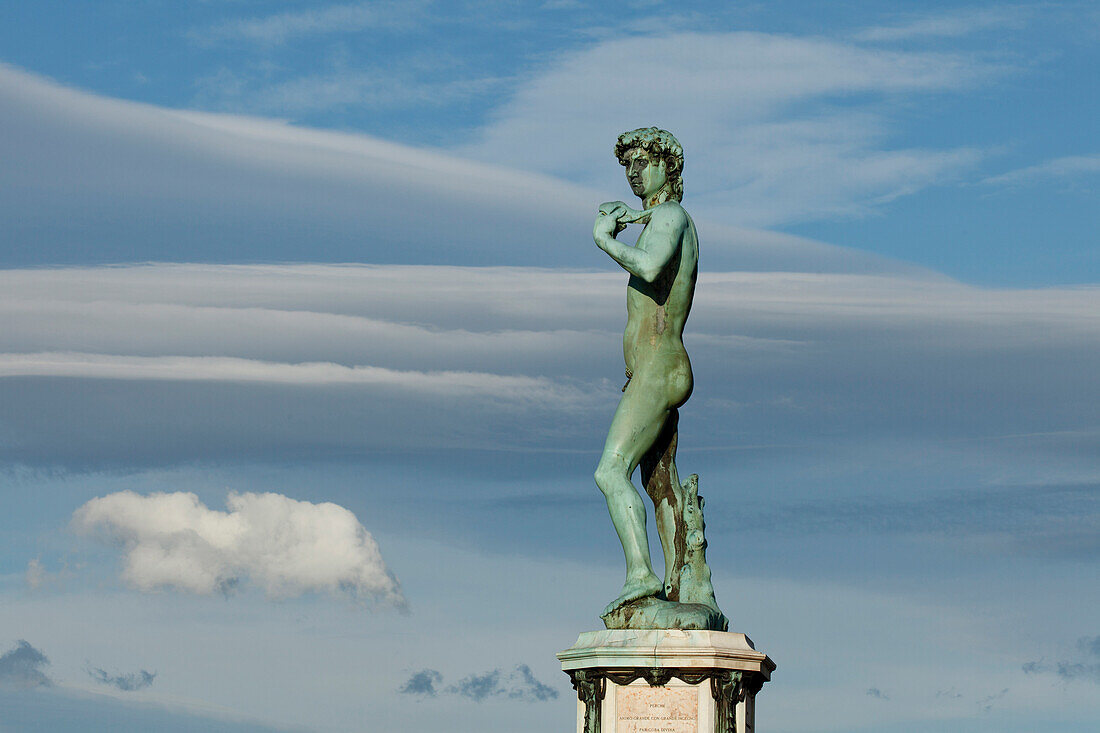 Bronze copy of Michelangelos sculpture of David, Piazzale Michelangelo, Michelangelo square, Florence, UNESCO World Heritage Site, Firenze, Florence, Tuscany, Italy, Europe