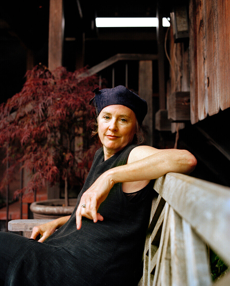 USA, California, Berkeley, chef and author Alice Waters in front of her aclaimed restaurant Chez Panisse